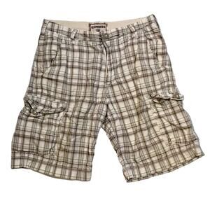 Express Men's White Plaid 100% Cotton Chino Cargo Shorts
